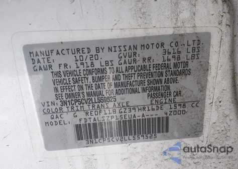 2020 Nissan Kicks Sv Xtronic Cvt z USA, uszkodzony, nr VIN 3N1CP5CV2LL559525